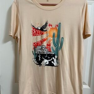 Beige Graphic Tee with Cactus and Sun Design